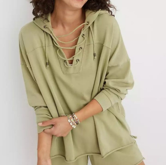 aerie Tops - Aerie Green Lace Up Pullover Hooded Sweatshirt